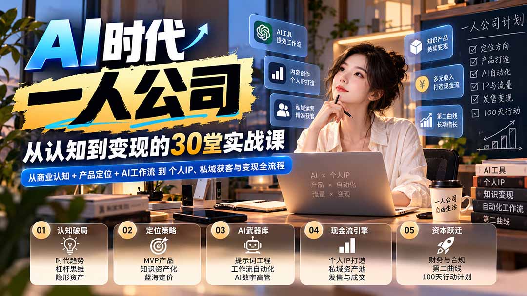 【无水印】AI时代一人公司30堂实战课：从商业认知+产品定位+AI工作流到个人IP、私域获客与变现全流程 - 严选资源大全