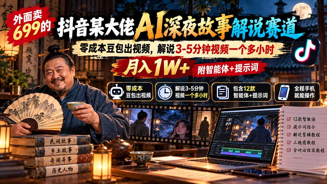 外面卖699抖音某大佬AI深夜故事解说赛道-更新：0成本豆包出视频+解说3-5分钟视频一个多小时，月入1W+附智能体+提示词 - 严选资源大全