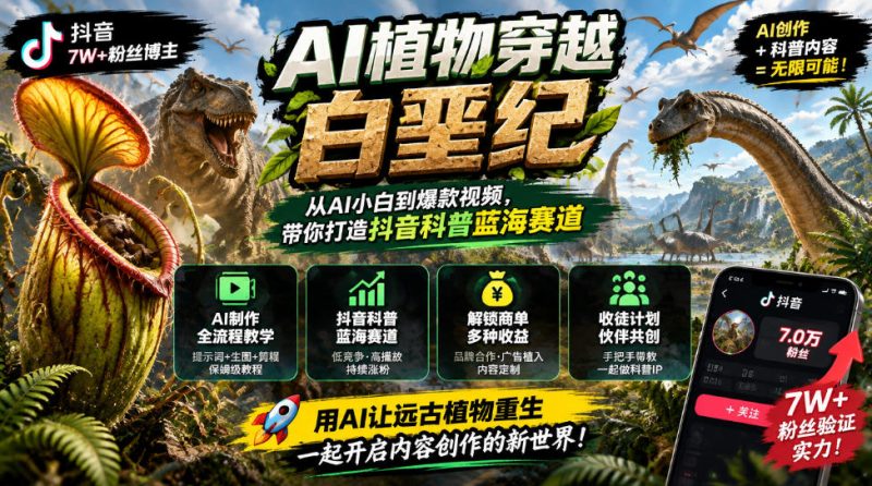 抖音7W粉丝博主的AI植物穿越白垩纪教学，抖音科普蓝海赛道，解锁商单收徒伙伴计划等多种收益 - 严选资源大全 - 严选资源大全