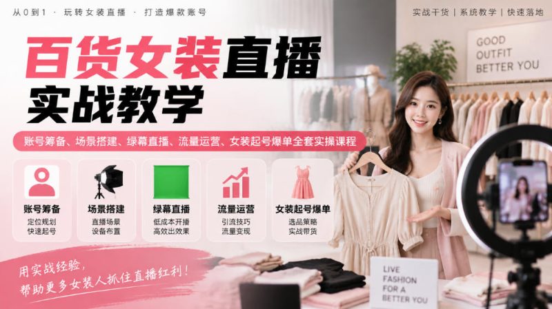百货女装直播实战教学|账号筹备、场景搭建、绿幕直播、流量运营、女装起号爆单全套实操课程 - 严选资源大全 - 严选资源大全