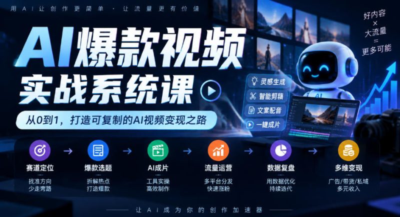 AI爆款视频实战系统课｜赛道定位、爆款选题、AI成片、流量运营、数据复盘、多维变现全链路教学 - 严选资源大全 - 严选资源大全