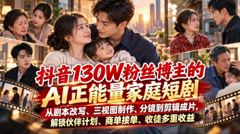 抖音130W粉丝博主的AI正能量家庭短剧,从剧本改写、三视图制作、分镜到剪辑成片,解锁伙伴计划、商单接单、收徒多重收益(更新1007) - 严选资源大全 - 严选资源大全