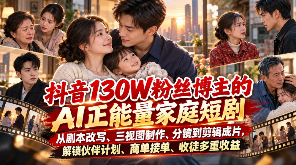 抖音130W粉丝博主的AI正能量家庭短剧，从剧本改写、三视图制作、分镜到剪辑成片，解锁伙伴计划、商单接单、收徒多重收益(更新1007) - 严选资源大全