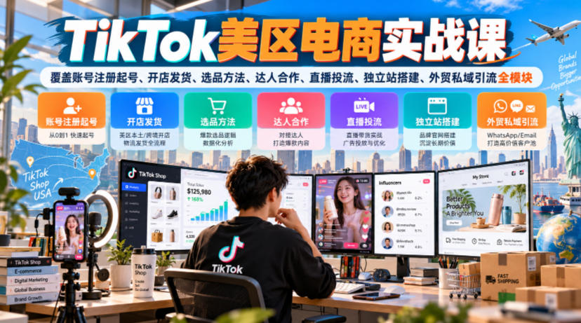 TikTok美区电商实战课，覆盖账号注册起号、开店发货、选品方法、达人合作、直播投流、独立站搭建、外贸私域引流全模块 - 严选资源大全