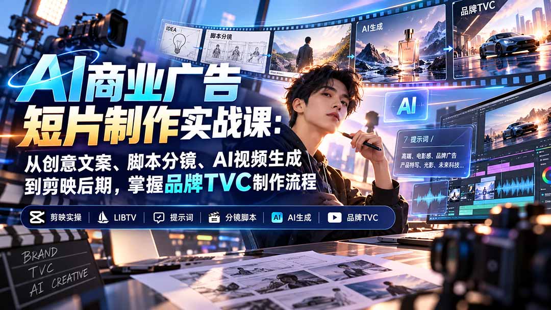 AI商业广告短片制作实战课：从创意文案、脚本分镜、AI视频生成到剪映后期，掌握品牌TVC制作流程 - 严选资源大全