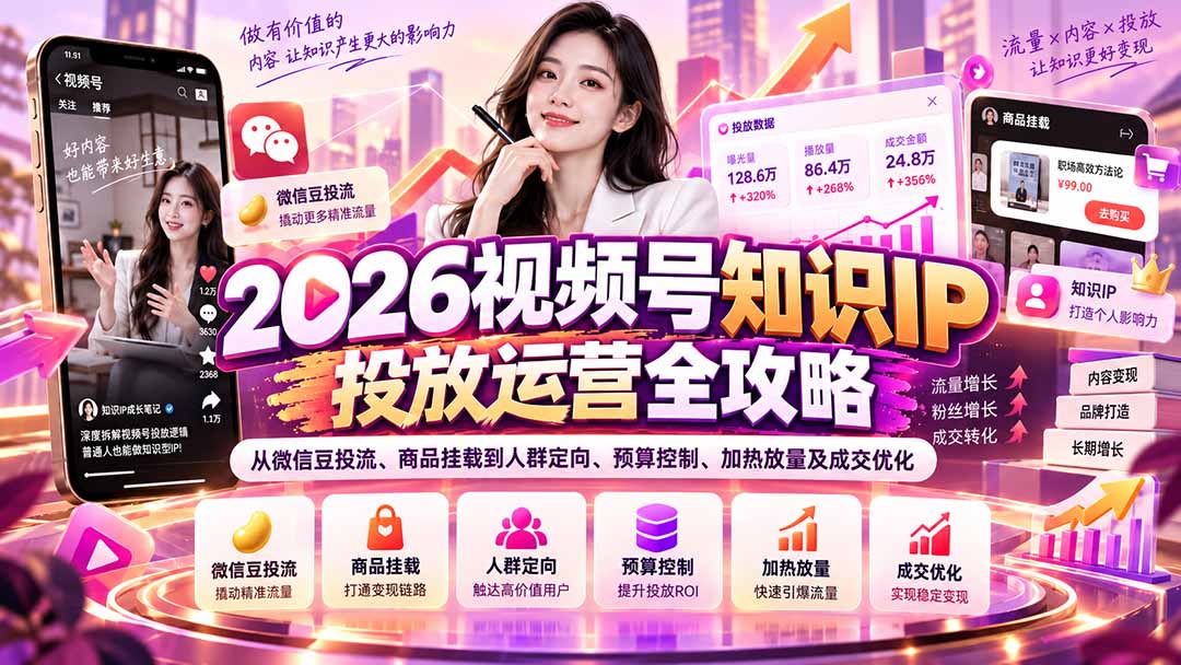 2026视频号知识IP投放运营全攻略:从微信豆投流、商品挂载到人群定向、预算控制、加热放量及成交优化 - 严选资源大全