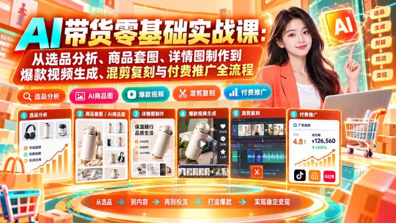 AI带货零基础实战课：从选品分析、商品套图、详情图制作到爆款视频生成、混剪复刻与付费推广全流程 - 严选资源大全 - 严选资源大全