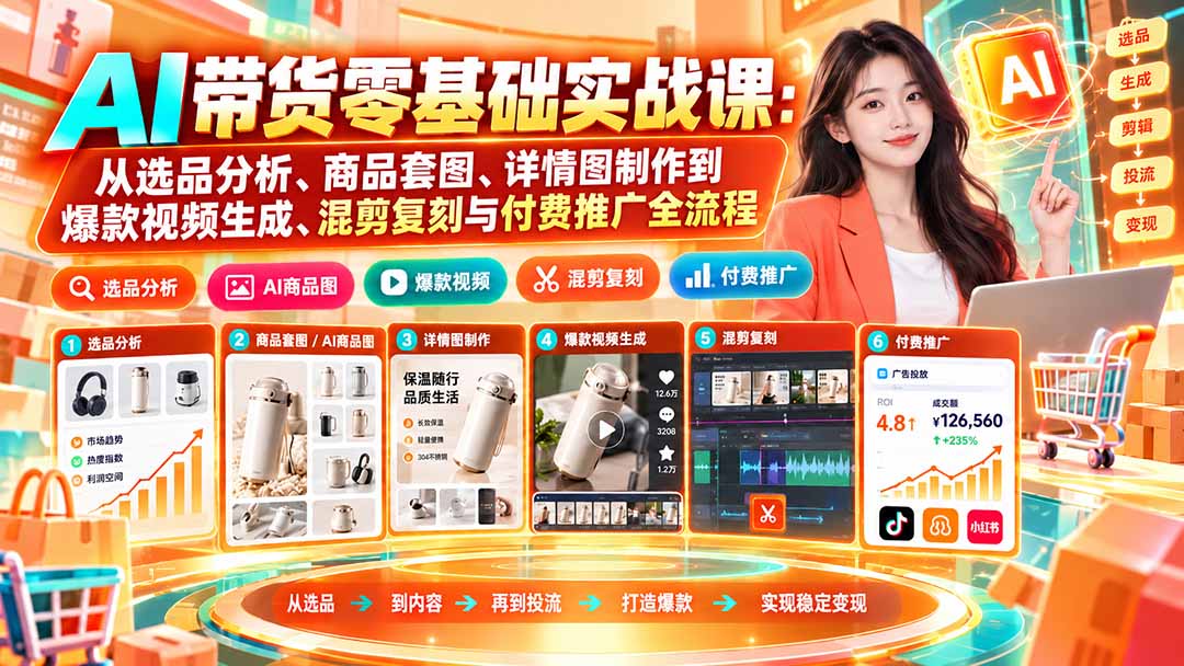 AI带货零基础实战课：从选品分析、商品套图、详情图制作到爆款视频生成、混剪复刻与付费推广全流程 - 严选资源大全
