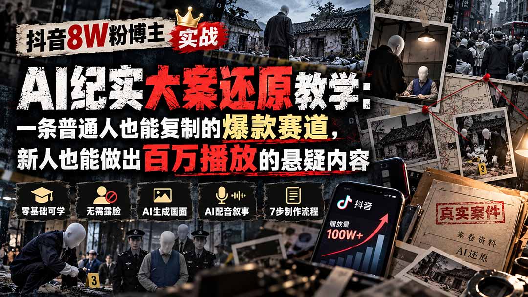 抖音8W粉博主AI纪实大案还原教学：一条普通人也能复制的爆款赛道，新人也能做出百万播放的悬疑内容 - 严选资源大全