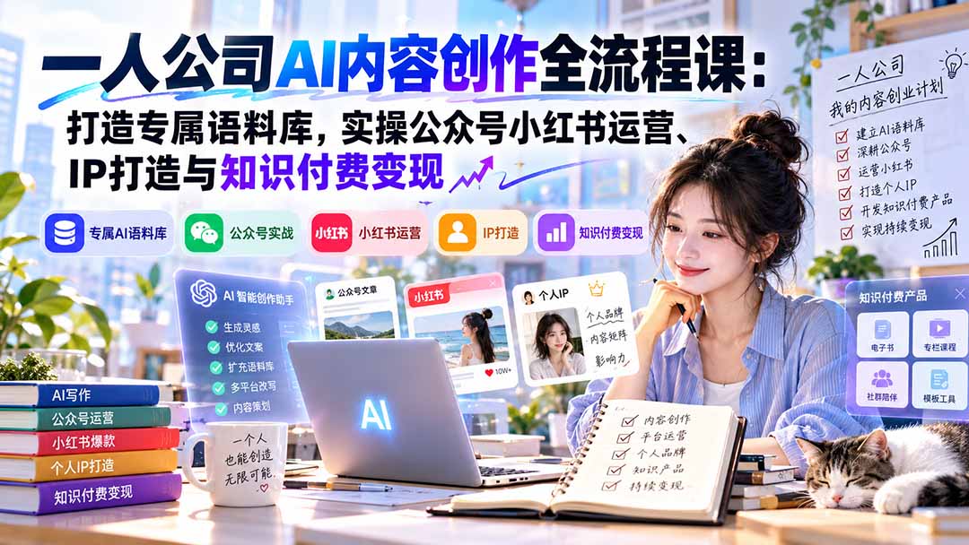 一人公司AI内容创作全流程课：打造专属语料库，实操公众号小红书运营、IP打造与知识付费变现方法论 - 严选资源大全