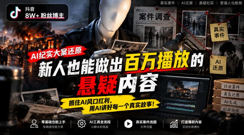 抖音8W粉丝博主的AI纪实大案还原教学,新人也能做出百W播放的悬疑内容,抓住AI风口红利,用AI讲好每一个真实故事 - 严选资源大全 - 严选资源大全
