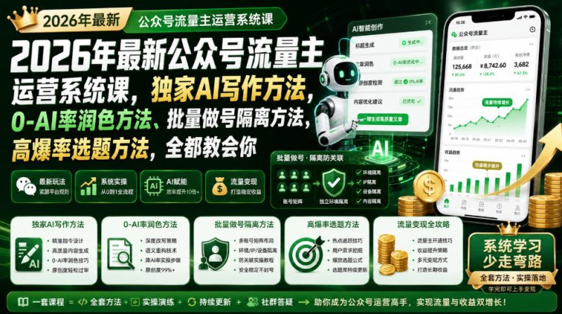 2026年最新公众号流量主运营系统课，独家AI写作方法，0-AI率润色方法、批量做号隔离方法、高爆率选题方法，全都教会你(更新1009) - 严选资源大全 - 严选资源大全