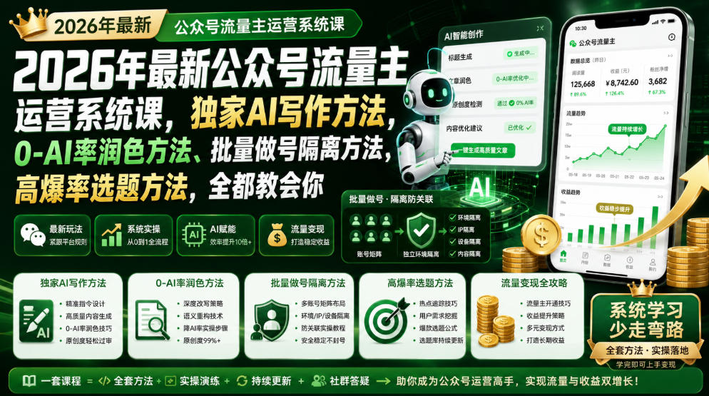 2026年最新公众号流量主运营系统课,独家AI写作方法,0-AI率润色方法、批量做号隔离方法、高爆率选题方法,全都教会你(更新1009) - 严选资源大全