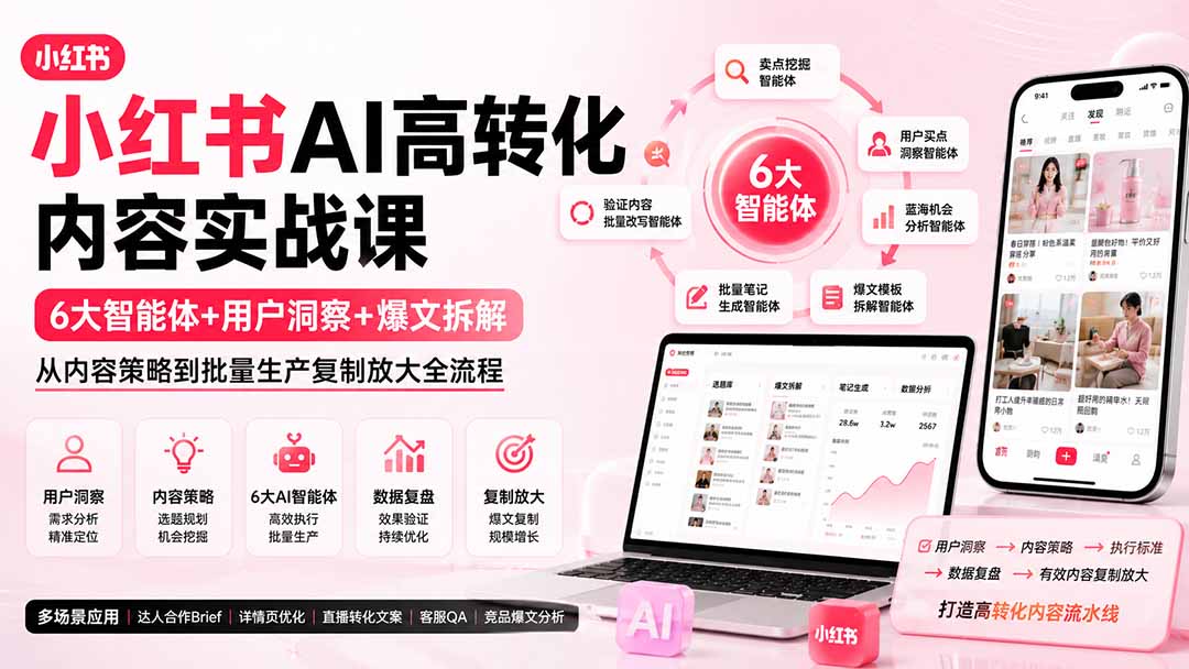 小红书AI高转化内容实战课:6大智能体+用户洞察+爆文拆解,从内容策略到批量生产复制放大全流程 - 严选资源大全