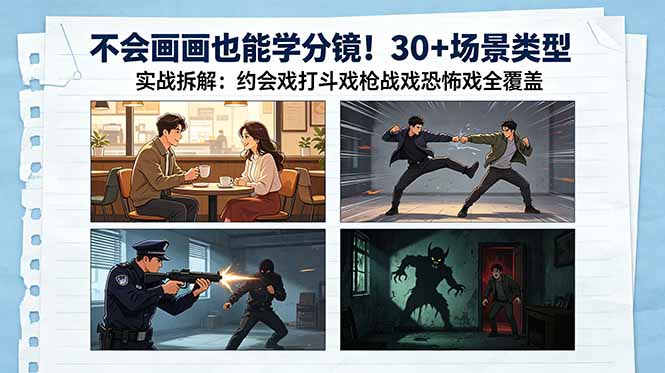 不会画画也能学分镜!30+场景类型实战拆解:约会戏打斗戏枪战戏恐怖戏全覆盖 - 严选资源大全