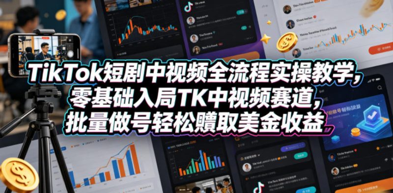 TikTok短剧中视频全流程实操教学,零基础入局TK中视频赛道,批量做号轻松賺取美金收益 - 严选资源大全 - 严选资源大全