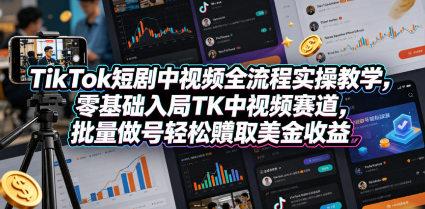 TikTok短剧中视频全流程实操教学，零基础入局TK中视频赛道，批量做号轻松賺取美金收益 - 严选资源大全