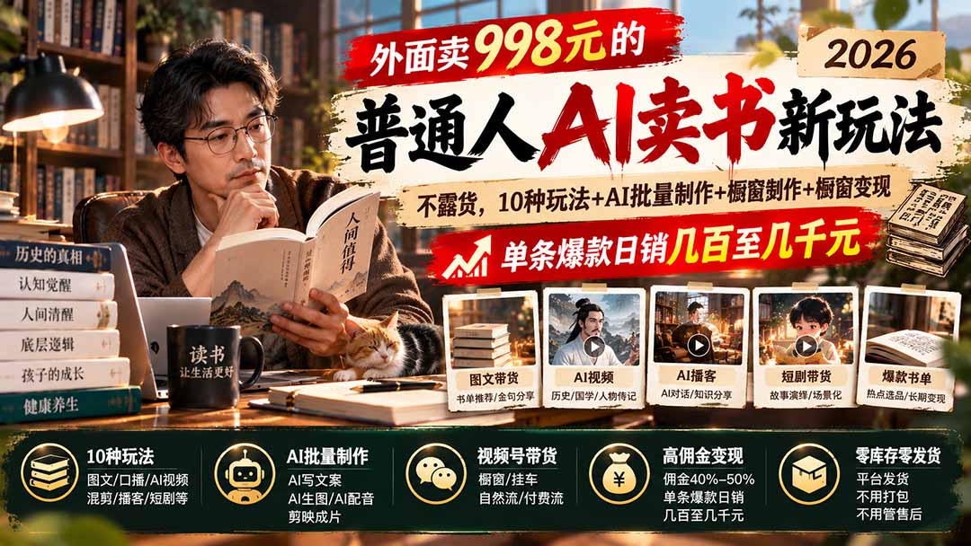 外面卖998元的2026普通人AI卖书新玩法:不露脸、不囤货,10种玩法+AI批量制作+橱窗变现,单条爆款日销几百至几千元 - 严选资源大全