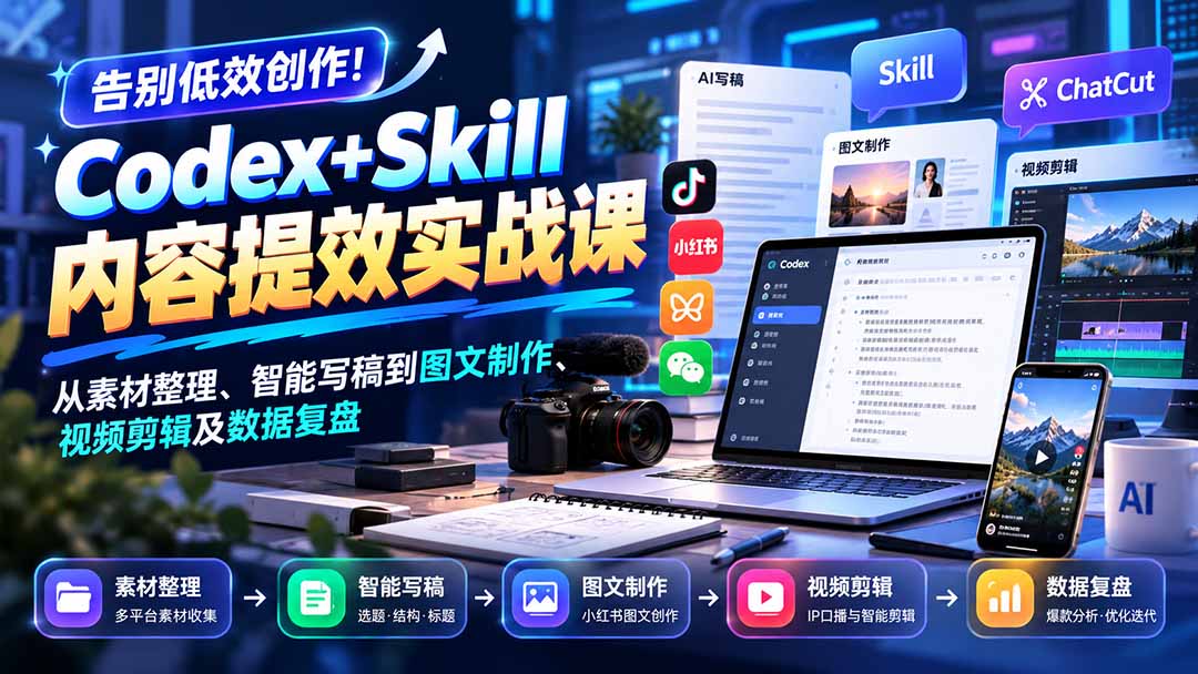 【无水印】告别低效创作！Codex+Skill内容提效实战课：从素材整理、智能写稿到图文制作、视频剪辑及数据复盘 - 严选资源大全