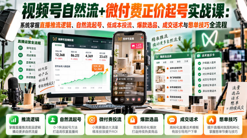 视频号自然流+微付费正价起号实战课:系统掌握直播推流逻辑、自然流起号、低成本投流、爆款选品、成交话术与憋单技巧全流程 - 严选资源大全