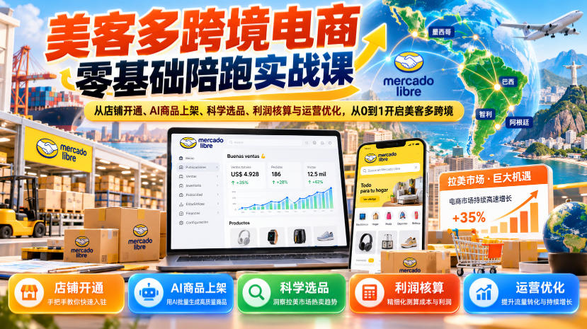 美客多跨境电商零基础陪跑实战课：从店铺开通、AI商品上架、科学选品、利润核算与运营优化，从0到1开启美客多跨境 - 严选资源大全