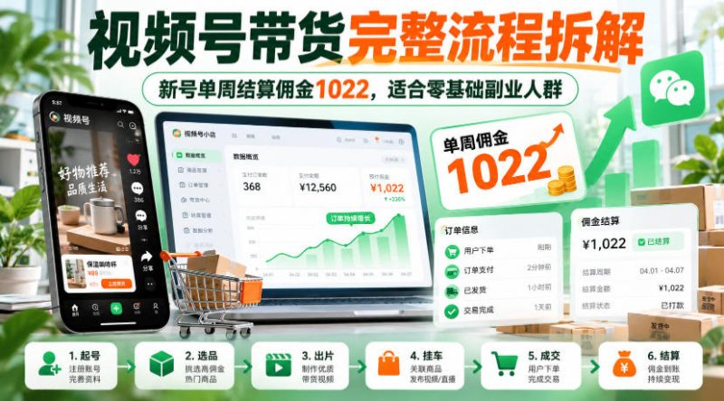 视频号带货完整流程拆解，新号单周结算佣金1022，适合零基础副业人群 - 严选资源大全 - 严选资源大全
