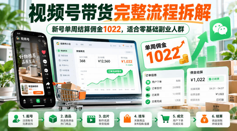 视频号带货完整流程拆解,新号单周结算佣金1022,适合零基础副业人群 - 严选资源大全