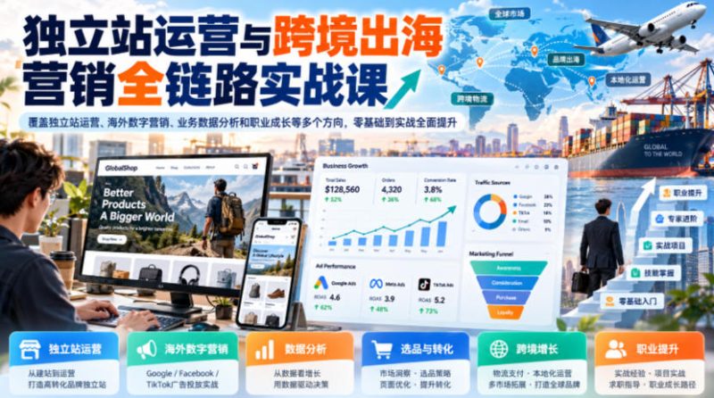 独立站运营与跨境出海营销全链路实战课,覆盖独立站运营、海外数字营销、业务数据分析和职业成长等多个方向,零基础到实战全面提升 - 严选资源大全 - 严选资源大全