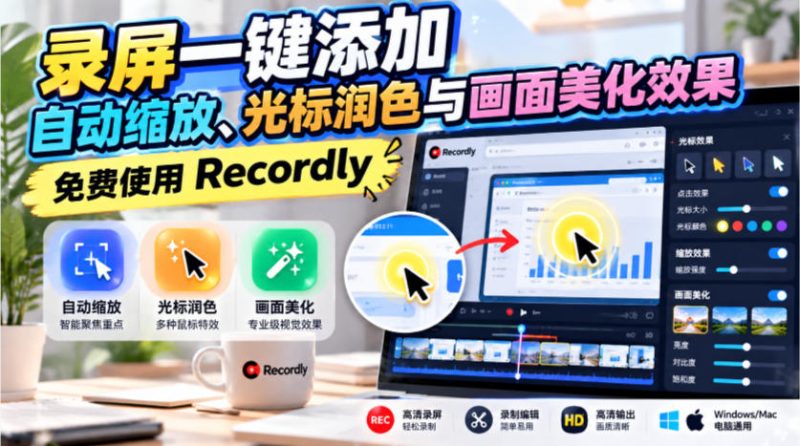 录屏一键添加自动缩放、光标润色与画面美化效果,免费使用Recordly - 严选资源大全 - 严选资源大全