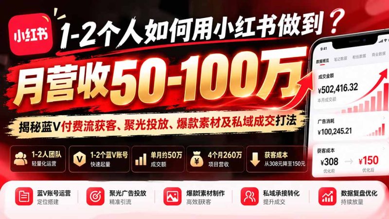 1-2个人如何用小红书做到月营收50-100万?揭秘蓝V付费流获客、聚光投放、爆款素材及私域成交打法 - 严选资源大全 - 严选资源大全