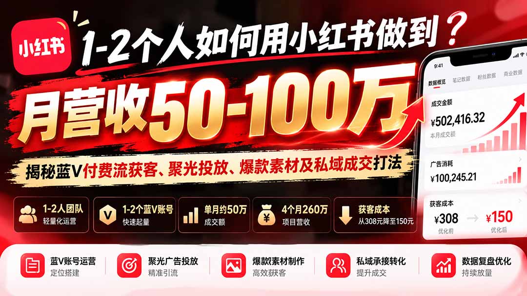 1-2个人如何用小红书做到月营收50-100万?揭秘蓝V付费流获客、聚光投放、爆款素材及私域成交打法 - 严选资源大全