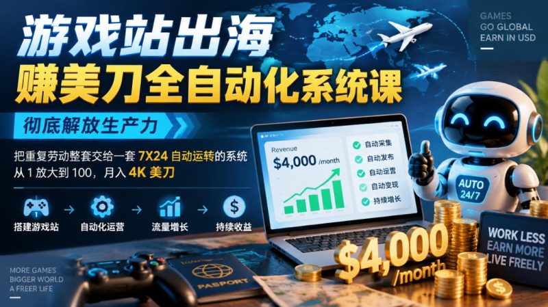 游戏站出海賺美刀全自动化系统课,彻底解放生产力–把重复劳动整套交给一套7X24自动运转的系统,从1放大到100,月入4K美刀 - 严选资源大全 - 严选资源大全