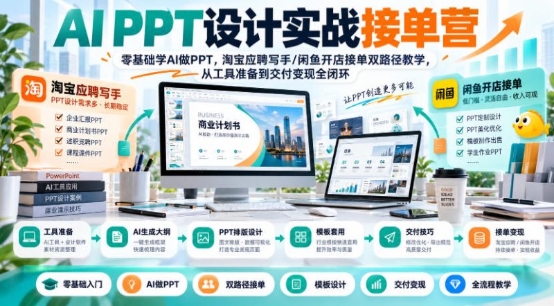 AI PPT设计实战接单营|零基础学AI做PPT,淘宝应聘写手/闲鱼开店接单双路径教学,从工具准备到交付变现全闭环 - 严选资源大全 - 严选资源大全