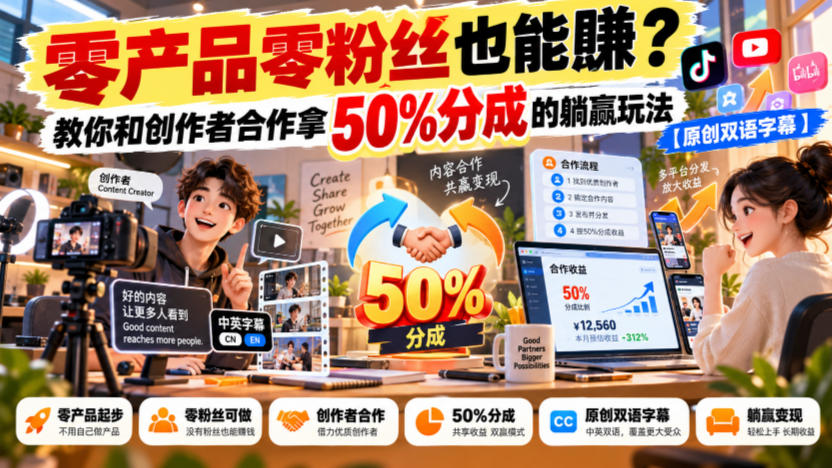 【无水印】零产品零粉丝也能賺？教你和创作者合作拿50%分成的躺赢玩法【原创双语字幕】 - 严选资源大全
