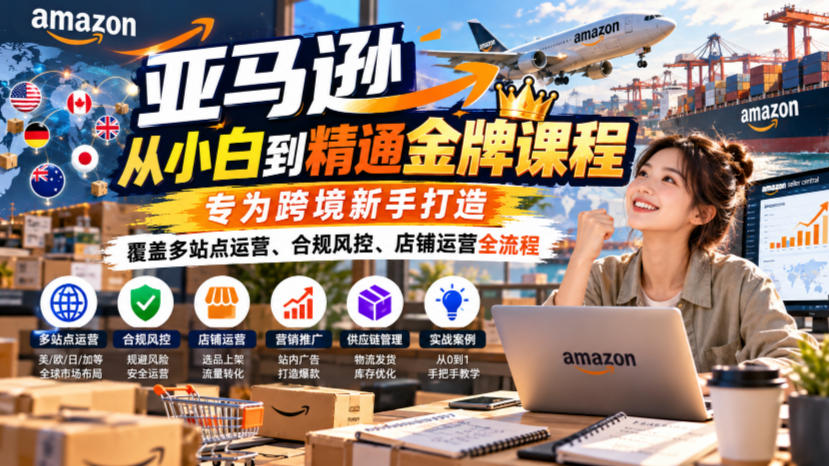 亚马逊从小白到精通金牌课程，专为跨境新手打造，覆盖多站点运营、合规风控、店铺运营全流程 - 严选资源大全