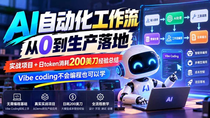 【无水印】AI自动化工作流从0到生产落地,实战项目+日token消耗200美刀经验总结,Vibe coding不会编程也可以学 - 严选资源大全 - 严选资源大全