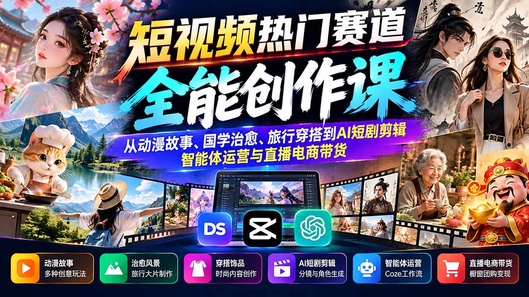 短视频热门赛道全能创作课:从动漫故事、国学治愈、旅行穿搭到AI短剧剪辑、智能体运营与直播电商带货 - 严选资源大全