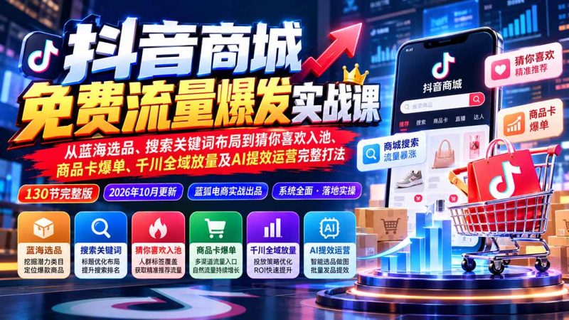 抖音商城免费流量爆发实战:从蓝海选品、搜索关键词布局到猜你喜欢入池、商品卡爆单、千川全域放量及AI提效完整打法 - 严选资源大全 - 严选资源大全