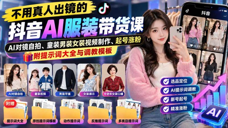不用真人出镜的抖音AI服装带货课:AI对镜自拍、童装男装女装视频制作、起号涨粉,附提示词大全与调教模板 - 严选资源大全 - 严选资源大全