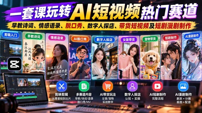 一套课玩转AI短视频热门赛道:早教诗词、情感语录、脱口秀、数字人探店、带货短视频及短剧漫剧制作 复制标题 - 严选资源大全 - 严选资源大全