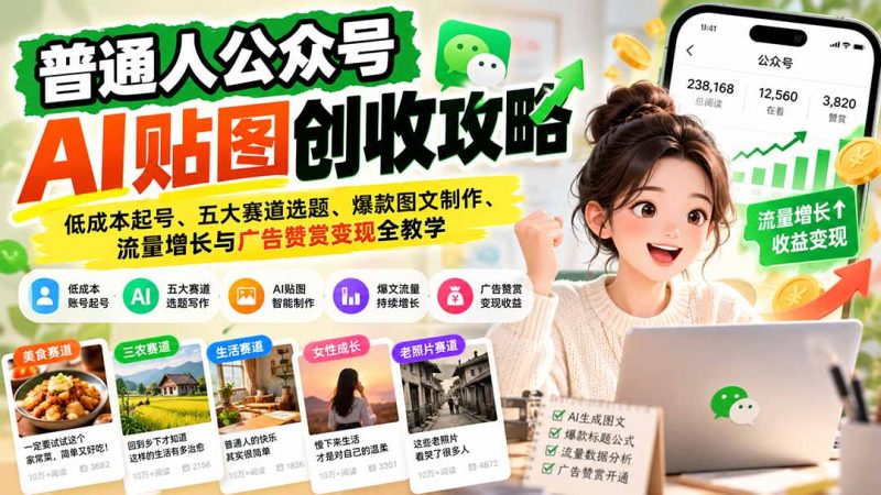 普通人公众号AI贴图创收攻略：低成本起号、五大赛道选题、爆款图文制作、流量增长与广告赞赏变现全教学 - 严选资源大全 - 严选资源大全