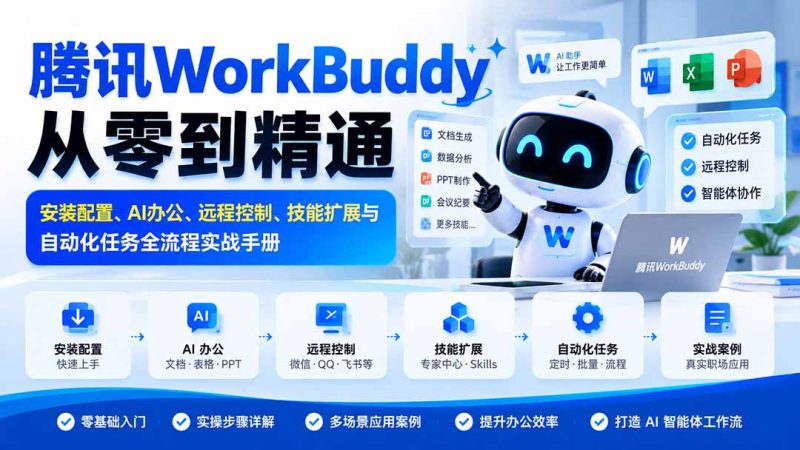 腾讯WorkBuddy从零到精通:安装配置、AI办公、远程控制、技能扩展与自动化任务全流程实战手册 - 严选资源大全 - 严选资源大全