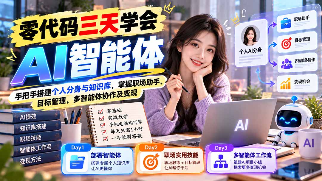 【无水印】零代码三天学会AI智能体:手把手搭建个人分身与知识库,掌握职场助手、目标管理、多智能体协作及变现 - 严选资源大全