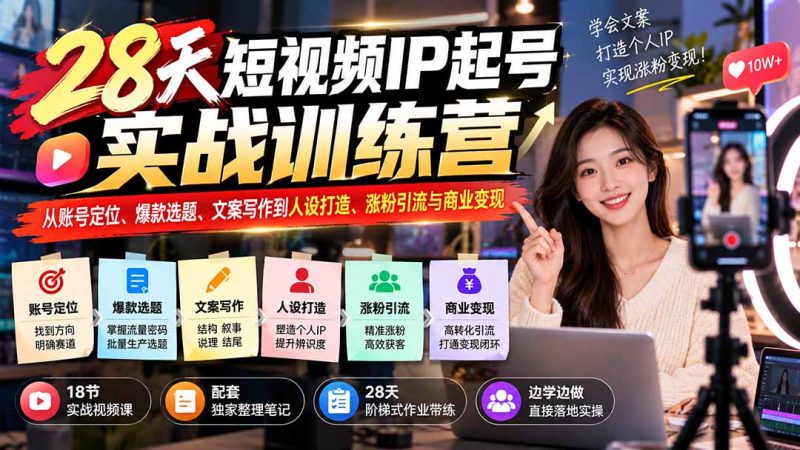 28天短视频IP起号实战训练营：从账号定位、爆款选题、文案写作到人设打造、涨粉引流与商业变现 - 严选资源大全 - 严选资源大全