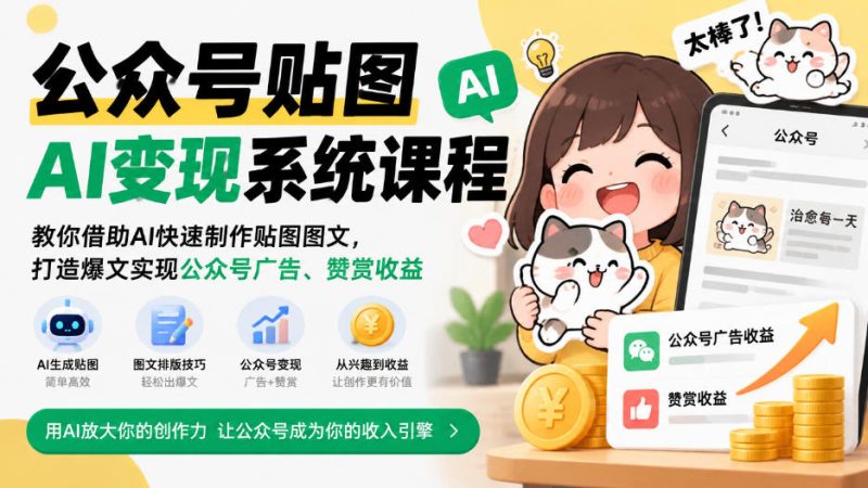 公众号贴图AI变现系统课程|教你借助AI快速制作贴图图文,打造爆文实现公众号广告、赞赏收益 - 严选资源大全 - 严选资源大全