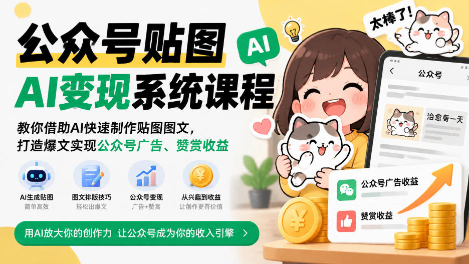 公众号贴图AI变现系统课程｜教你借助AI快速制作贴图图文，打造爆文实现公众号广告、赞赏收益 - 严选资源大全
