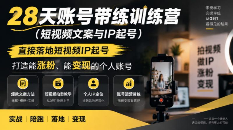 28天账号带练训练营(短视频文案与IP起号),直接落地短视频IP起号,打造能涨粉、能变现的个人账号 - 严选资源大全 - 严选资源大全
