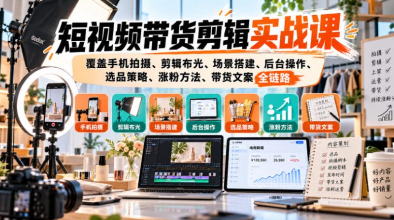 短视频带货剪辑实战课，覆盖手机拍摄、剪辑布光、场景搭建、后台操作、选品策略、涨粉方法、带货文案全链路 - 严选资源大全 - 严选资源大全