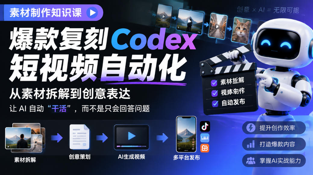 素材制作知识课，爆款复刻Codex短视频自动化，从素材拆解到创意表达，让AI自动“干活”，而不是只会回答问题 - 严选资源大全