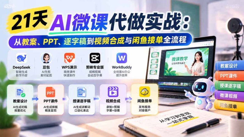 21天AI微课代做实战:从教案、PPT、逐字稿到视频合成与闲鱼接单全流程 - 严选资源大全 - 严选资源大全